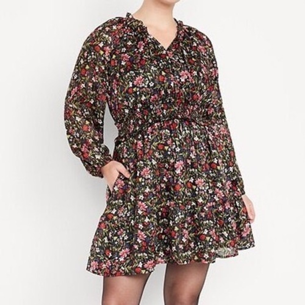 Old Navy Long Sleeve Floral Black Gold Metallic Fit & Flare Pocket Dress Size XL